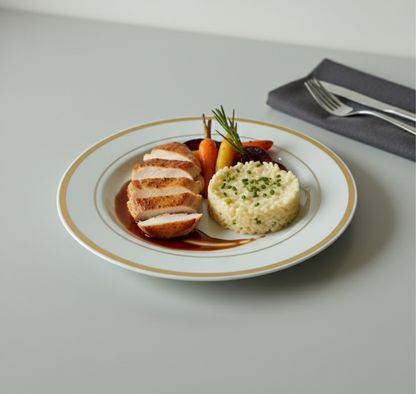 Melamine reusable unbreakable white and gold disposable main course plate